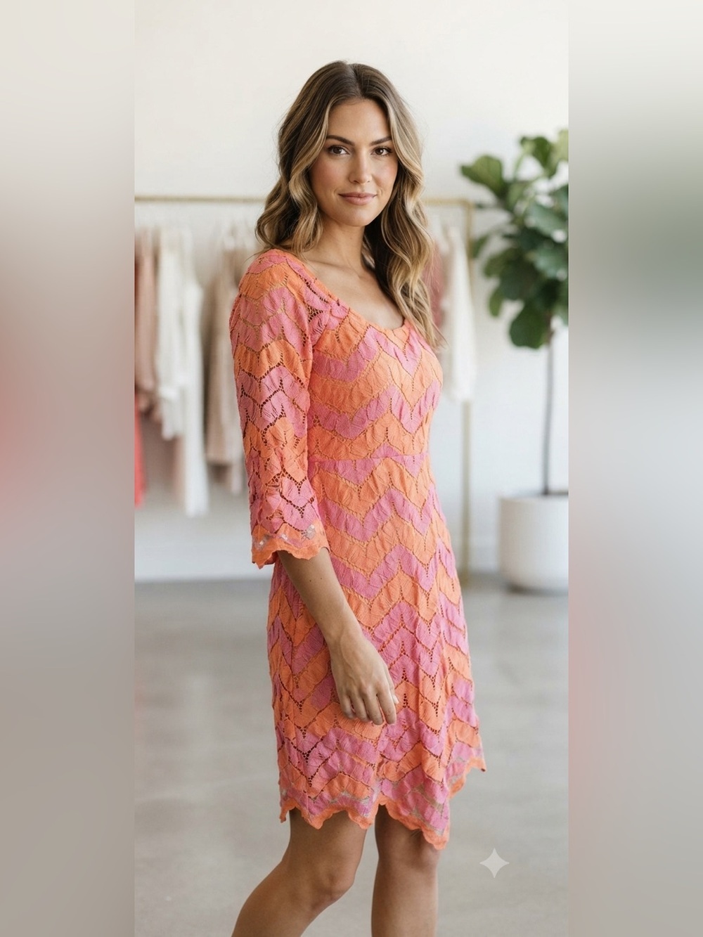 Judith March Chevron Dress Sz M Lace Pink Orange Scallop Hem 3/4 Bell Sleeve